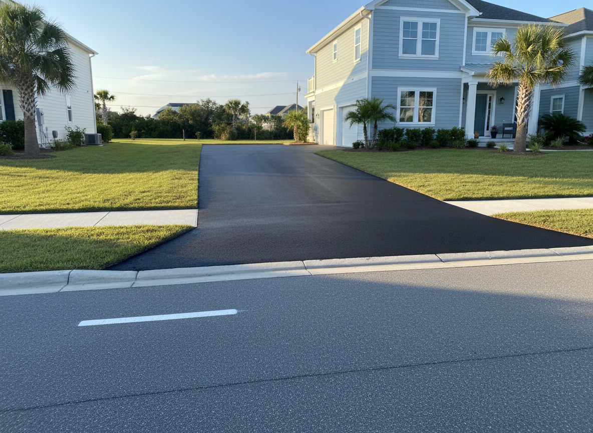 A freshly paved residential driveway with deep charcoal-black asphalt, perfectly smooth and slightly textured, stretches from the edge of a quiet suburban street to a modern coastal-style home just out of frame. Clean, crisp edges meet neatly trimmed grass and a tidy curb, with no vehicles present, emphasizing the flawless surface. Late afternoon natural light from a clear sky casts soft highlights across the asphalt, revealing subtle stone aggregate and a gentle sheen. The mood is professional and dependable, suggesting high-quality workmanship. Captured at eye level from the street looking inward, with sharp focus throughout and a slight wide-angle lens to showcase the full length and width. Photographic realism with a clean, modern aesthetic suitable for a family-owned paving company on an island.